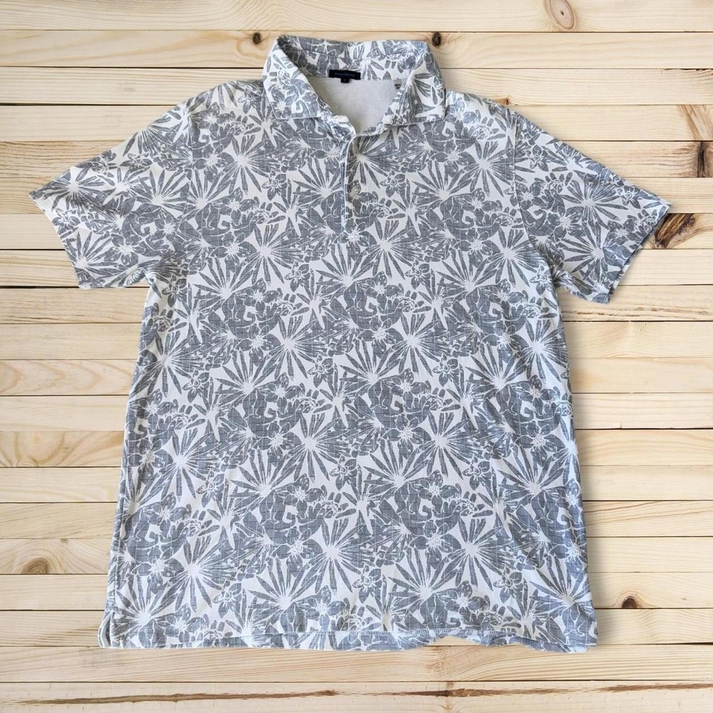 Patrick Assaraf white + blue floral polo shirt Size L
